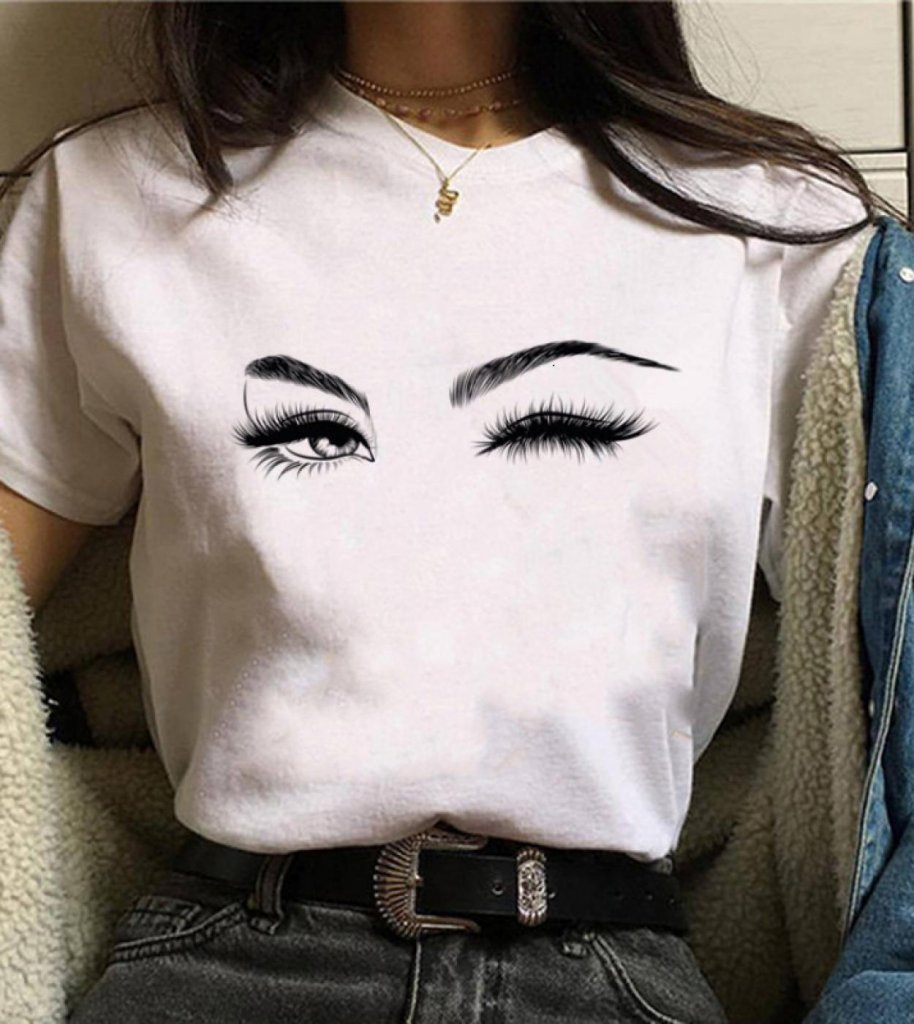 Kadın Kısa Kollu Bisiklet Yaka Göz Baskılı Süprem T-shirt , 24007