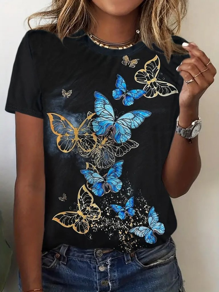 Kadın Kısa Kollu Mavi Sarı Kelebek Baskı Süprem Bluz, 23799