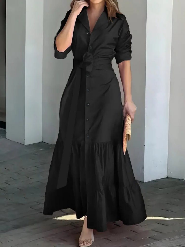 Kadın Uzun Kollu Eteği Fırfırlı Beli Kuşaklı Trikoton Tam Boy Gömlek Elbise , 28673