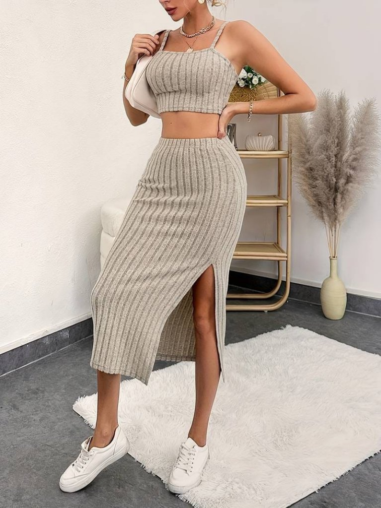 Kadın Kolsuz Askılı Crop Yırtmaçlı Midi Etek Fitilli Kaşkorse Takım, 25437