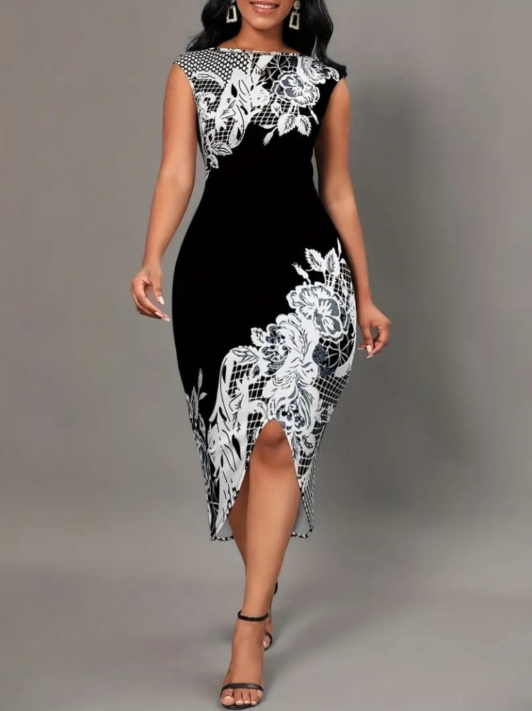 Kadın Beyaz Çiçek Desen Kayık Yaka Yırtmaç Detaylı Dalgıç Elbise, 15683