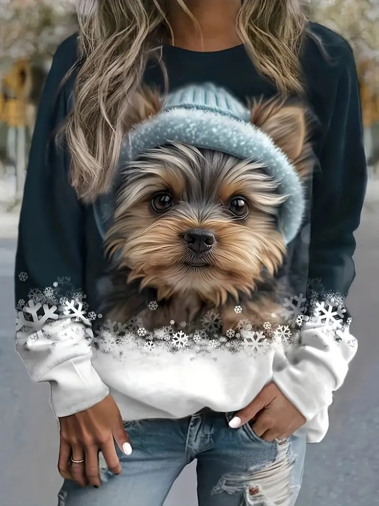 Kadın Uzun Kollu Bisiklet Yaka Köpek Baskılı şardonlu Dalgıç Bluz, 20289