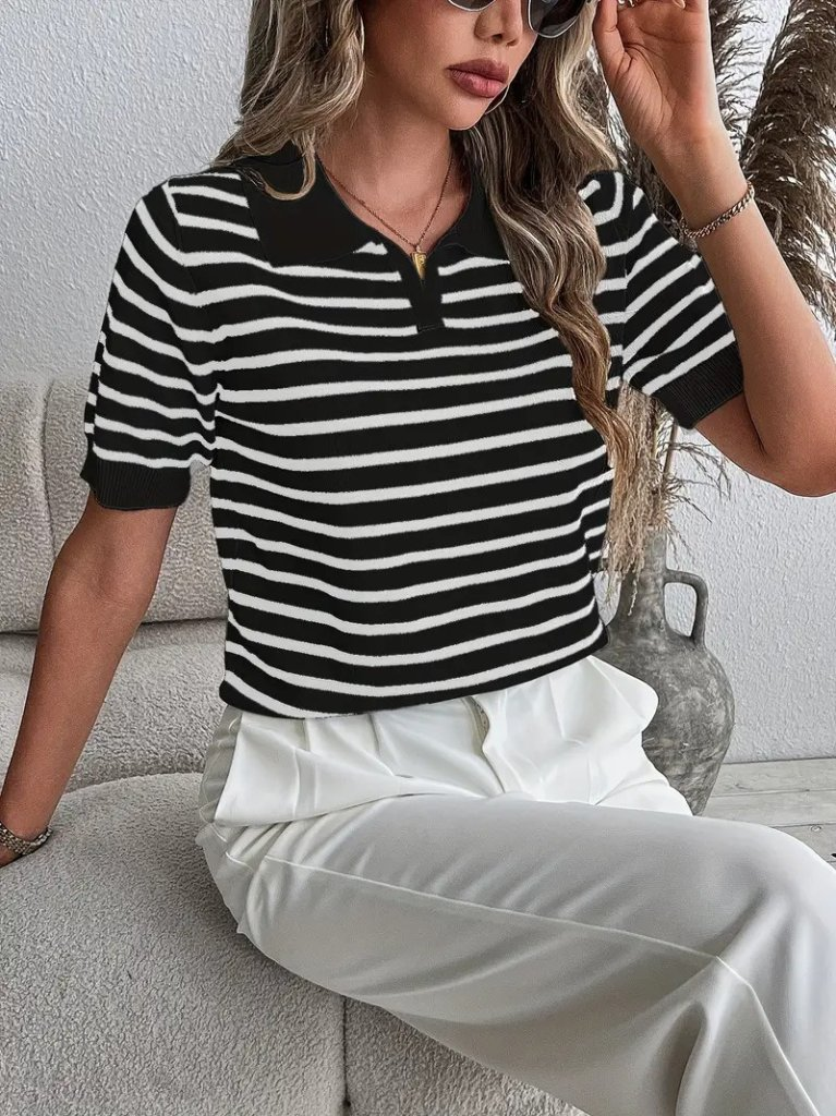 Kadın Kısa Kol Polo Yaka çizgi Desen Triko Bluz, 24035