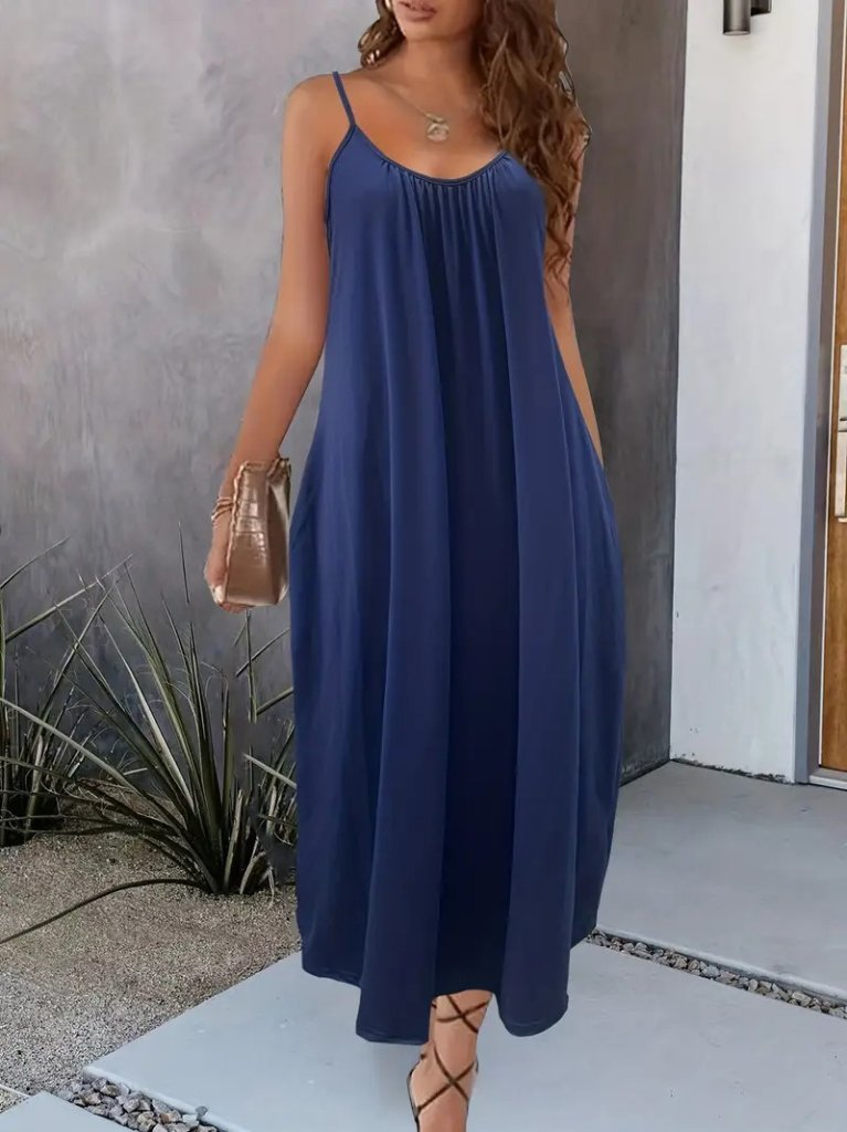 Kadın Ip Askılı Geniş V Yakalı Cepli Viskon Elbise , 24238