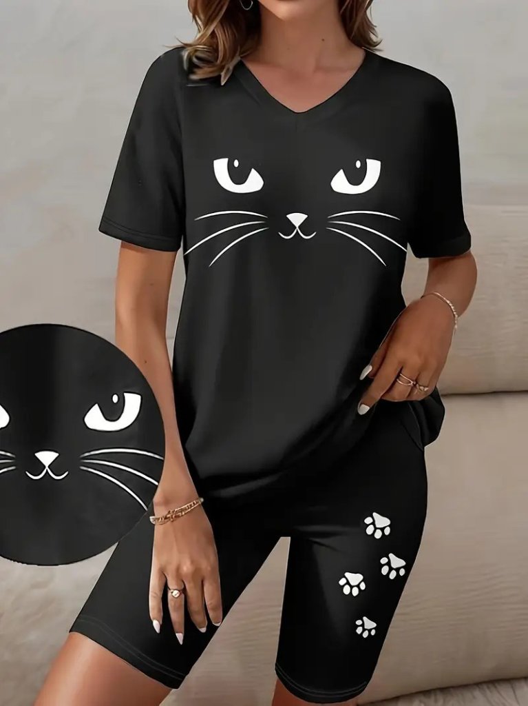 Kadın Kısa Kollu V Yakalı Kedi Desenli Viskon Iki Iplik Bluz Ve şort Ikili Takım, 24432