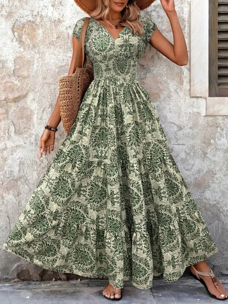 Kadın Kısa Kollu Kruvaze Yaka Beli Lastikli Süprem Maksi Boy Elbise, 24897