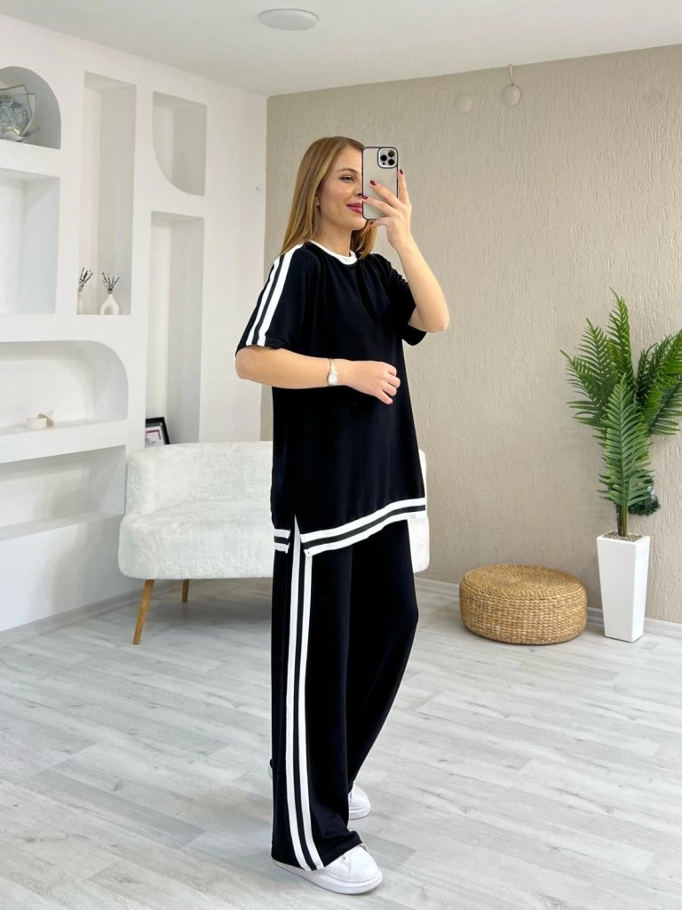 Kadın Kısa Kollu Bisiklet Yaka çift Renk şerit Detaylı Viskon Iki Iplik Bluz Ve Pantolon Ikili Takım , 24918