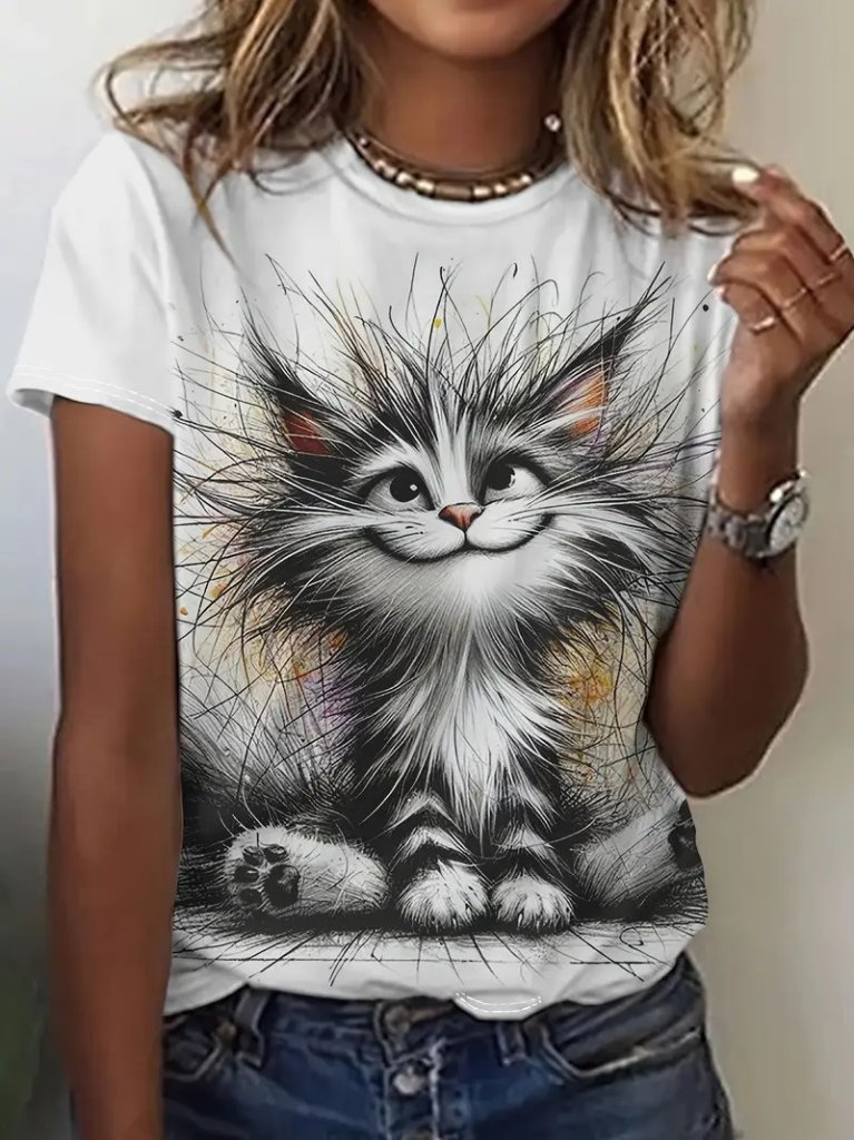 Kadın Kısa Kollu Bisiklet Yaka Kedi Baskılı Süprem Bluz, 25172