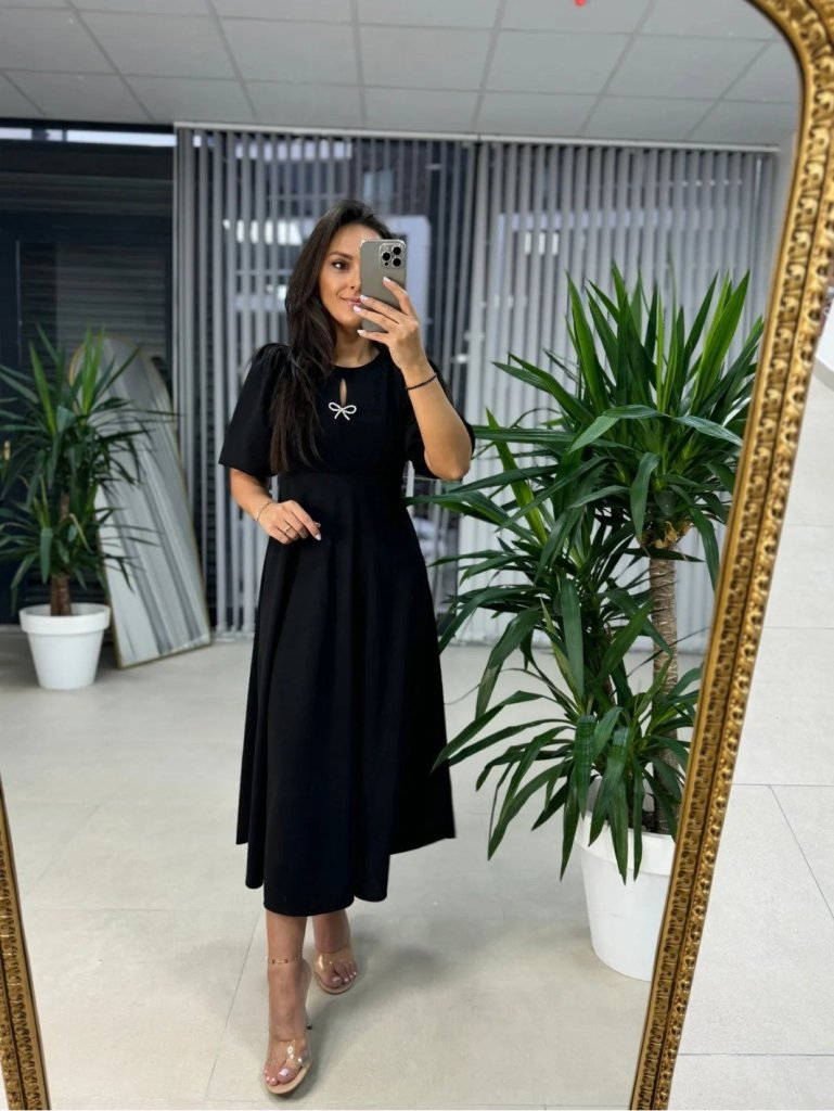 Kadın Kısa Kollu Bisiklet Yaka Fiyonk Broşlu Midi Janjan Krep Elbise , 25719