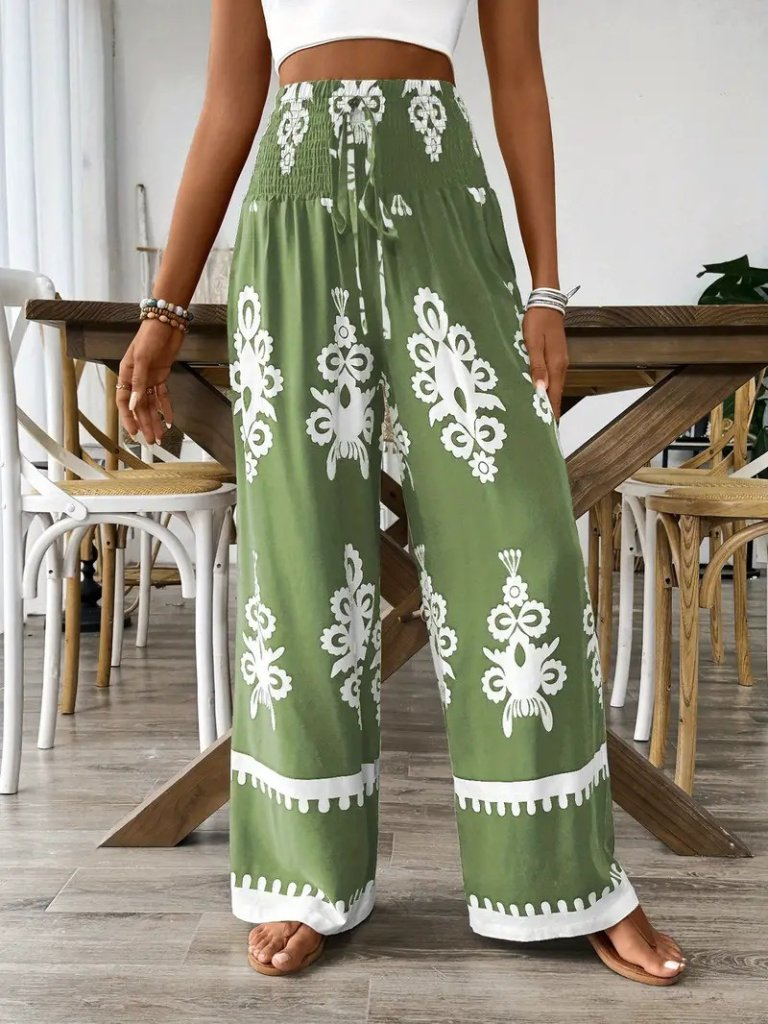 Kadın Yüksek Bel Büzgülü Etnik Desen Baskılı Süprem Pantolon , 26076