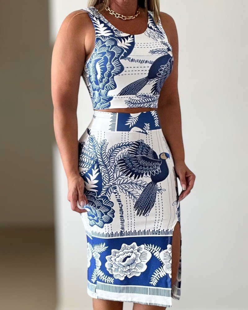 Kadın Sıfır Kollu Yuvarlak Yaka çiçekli Desenli Süprem Crop Ve Yırtmaçlı Etek Ikili Takım, 26239