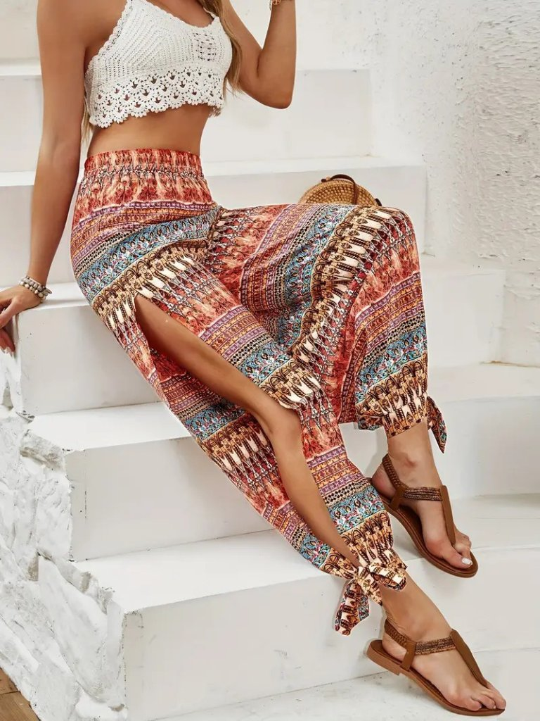 Kadın Yüksek Belli Yanlardan Yırtmaç Detaylı Desenli Bürümcük Pantolon , 26499