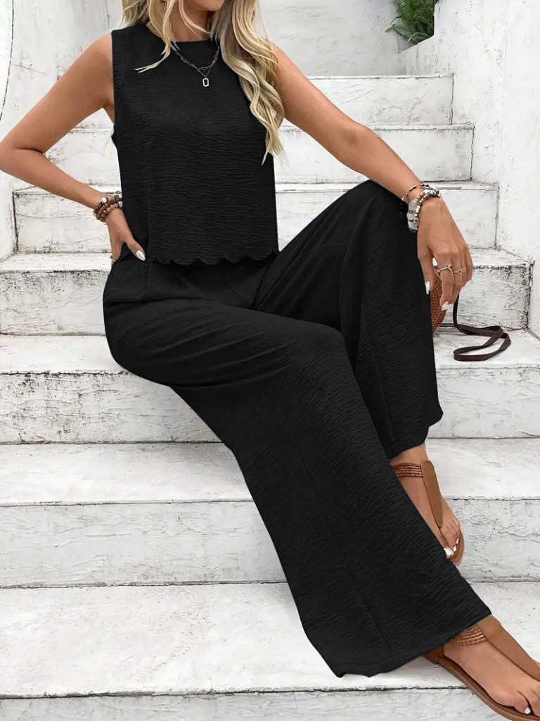 Kadın Sıfır Kollu Bisiklet Yaka Arkadan Bağlamalı Aer8bin Bluz Ve Pantolon Ikili Takım , 26636