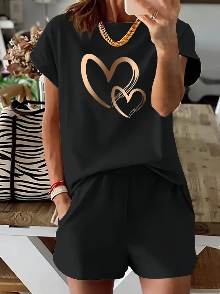 Kadın Kısa Kollu Bisiklet Yaka Viskon Iki Iplik Bluz Ve Short Ikili Takım , 26656