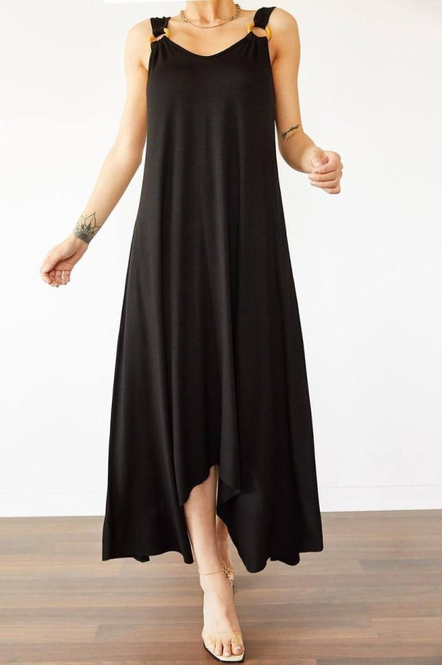 Kadın Askılı V Yakalı Halka Detaylı Asimetrik Kesim Detaylı Viskon Maxi Elbise, 26757