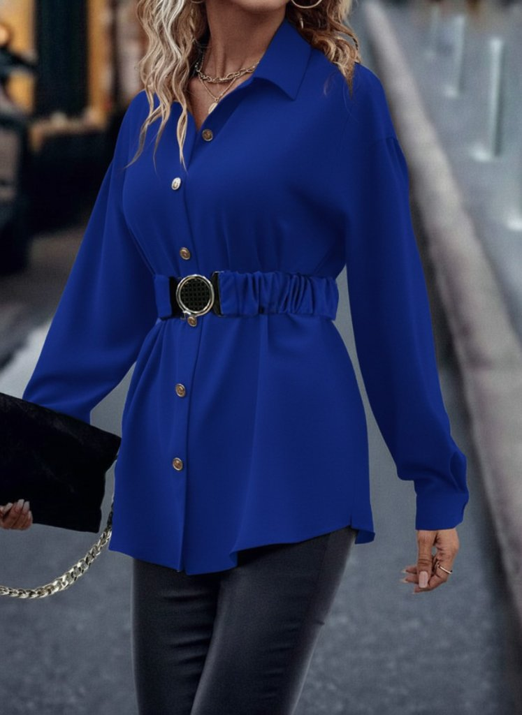 Kadın Uzun Kollu Yakalı önden Düğmeli Belden Kemerli Ithal Krep Bluz , 30582