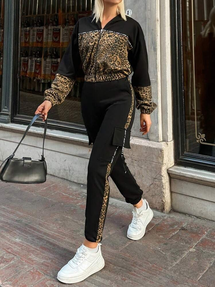 Kadın Uzun Kollu Kapşonlu Leopar Desenli Viskon Iki Iplik Bluz Ve Pantolon Ikili Takım , 29873