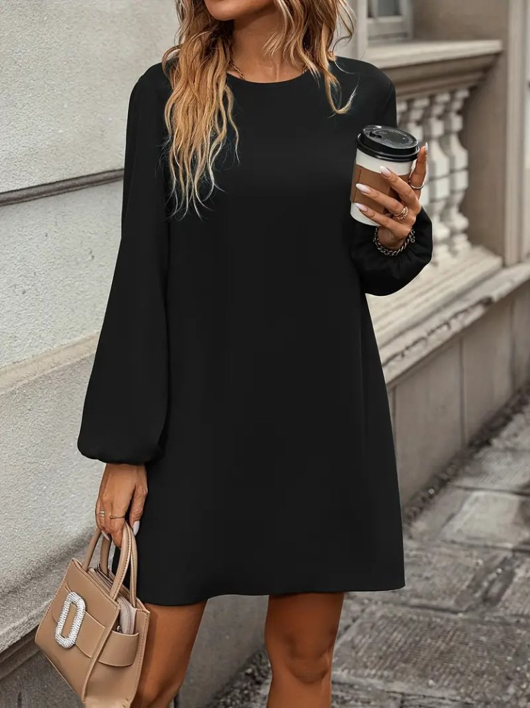 Kadın Uzun Kollu Yuvarlak Yaka Mini Ithal Krep Elbise , 30375