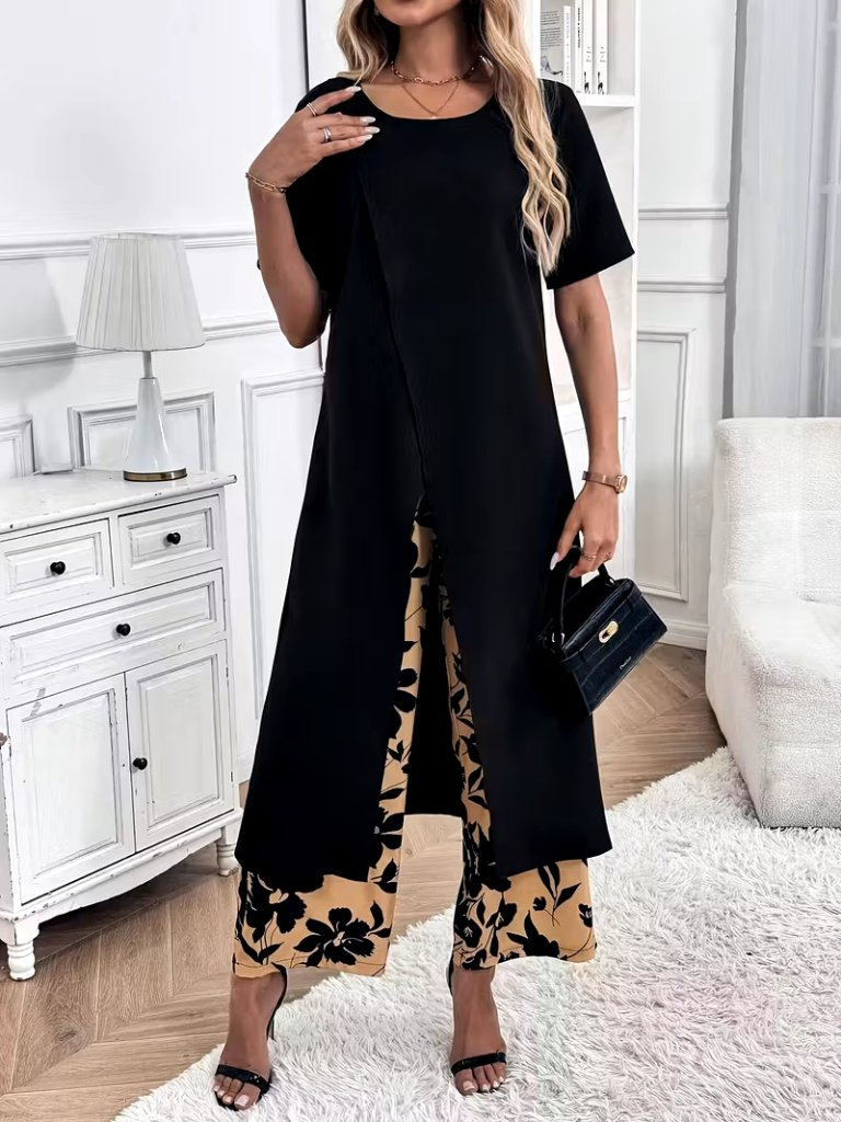 Kadın Kısa Kollu önden çapraz Detaylı Viskon Uzun Bluz Ve Desenli Iki Iplik Pantolon Ikili Takım , 31369