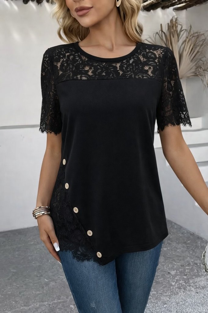 Kadın Kısa Kollu Dantel Detaylı Yandan Düğmeli Waffle Bluz , 31574