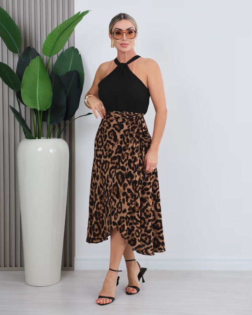 Kadın önden Bağlamalı Leopar Desenli Süprem Uzun Etek , 31619