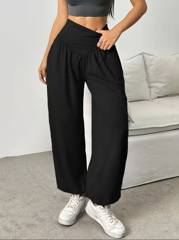 Kadın Yüksek Bel Büzgülü Cepli Geniş Kesim Viskon Iki Iplik Pantolon , 32470