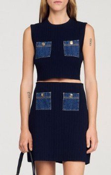 Kadın Sıfır Kol Bluz Ve Mini Etek, Cep Detay Triko Takım, 32703