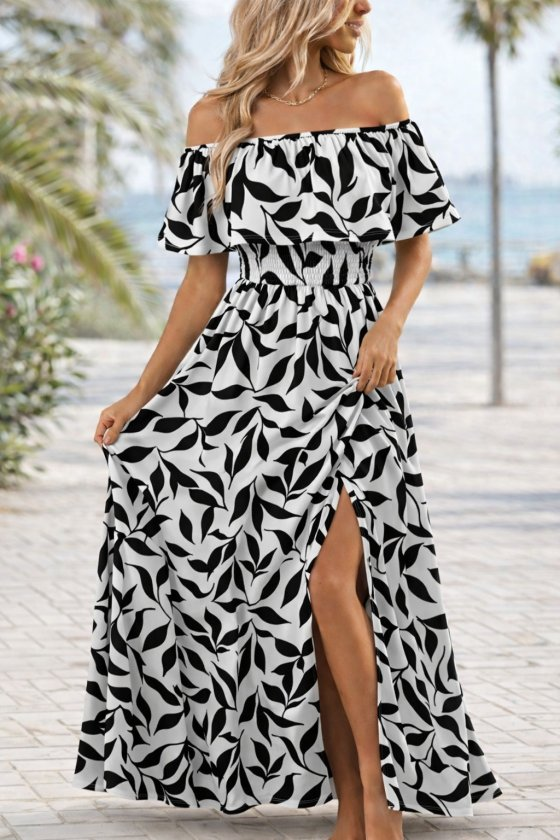 Kadın Madonna Yaka Göğüs Lastikli Yırtmaçlı Uzun Desenli Süprem Elbise, 32869