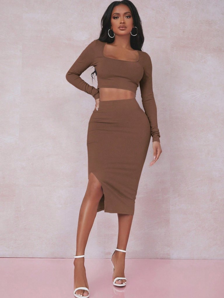 Kadın Uzun Kollu Kaşkorse Crop Ve Etek Takım , 10793 - Image 2