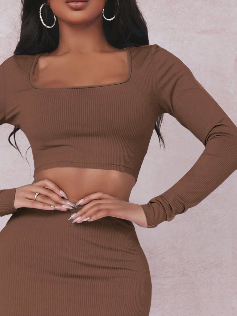 Kadın Uzun Kollu Kaşkorse Crop Ve Etek Takım , 10793 - Image 3