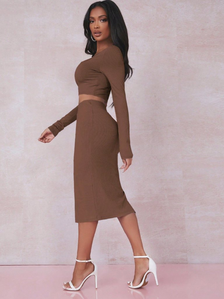 Kadın Uzun Kollu Kaşkorse Crop Ve Etek Takım , 10793 - Image 4