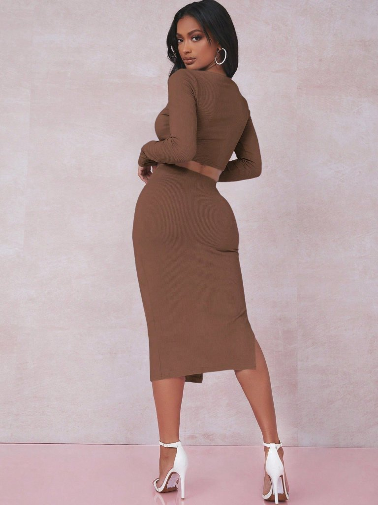 Kadın Uzun Kollu Kaşkorse Crop Ve Etek Takım , 10793 - Image 5