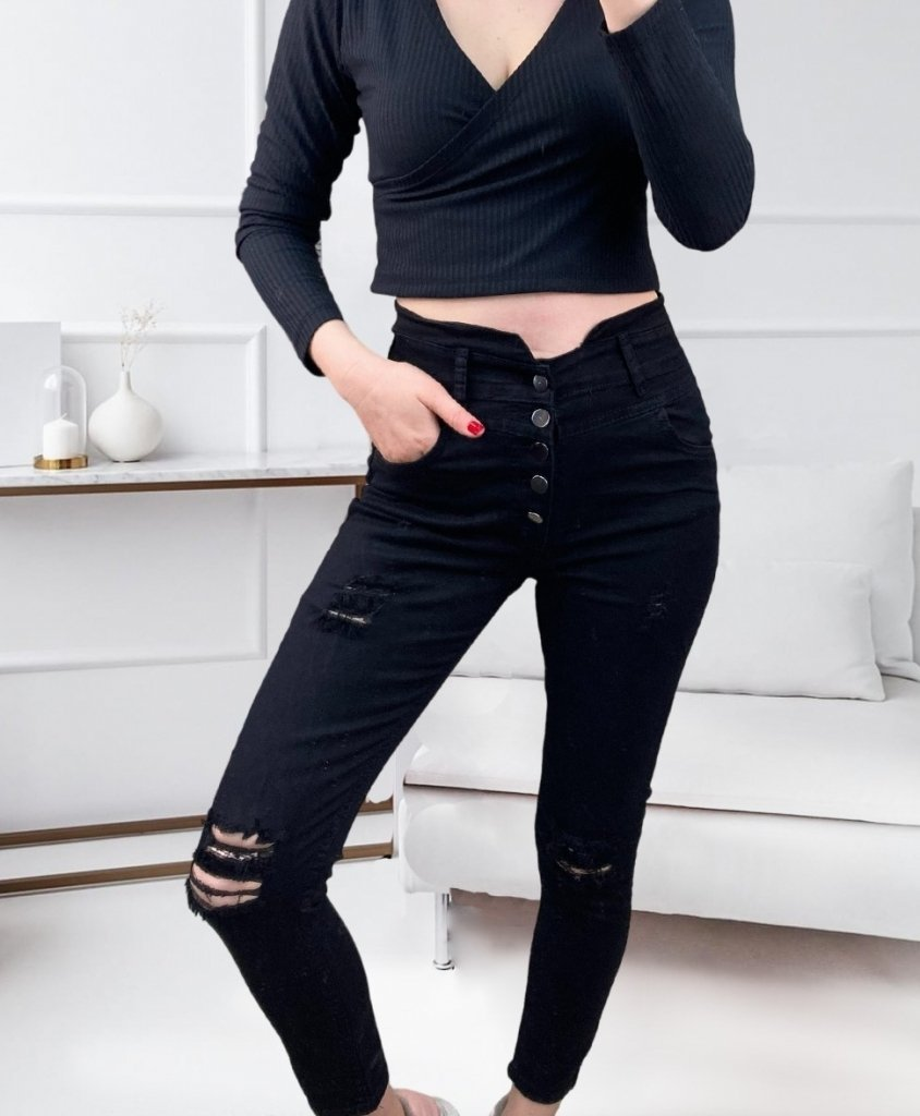 Kadın 5 Düğmeli V Detay Bel Yırtık Kot Pantolon, 12574 - Image 3