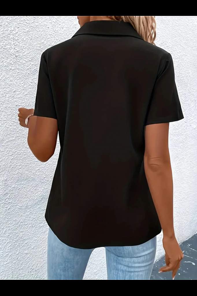 Kadın Kısa Kollu Ceket Yaka önü Fermuarlı Cep Detay Kısa Kol Ithal Krep Bluz, 23805 - Image 3