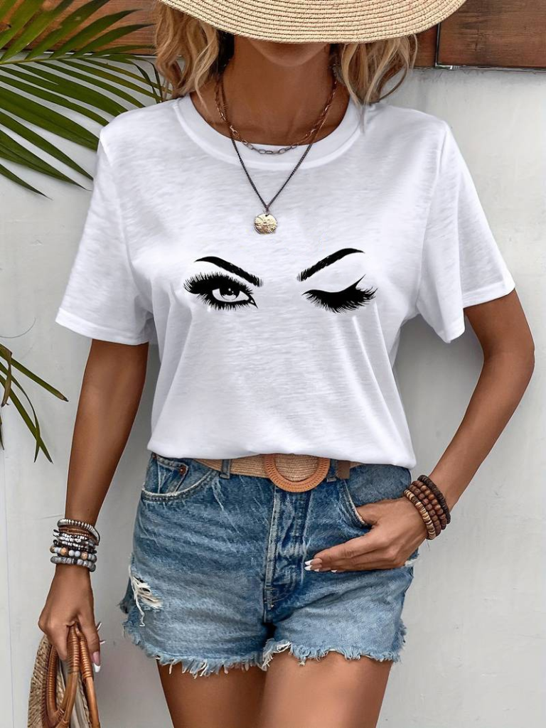 Kadın Kısa Kollu Bisiklet Yaka Göz Baskılı Süprem T-shirt , 24007 - Image 5