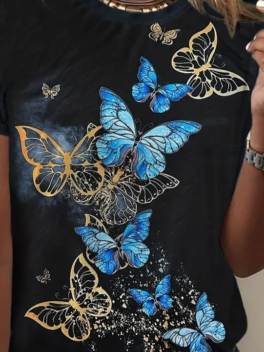 Kadın Kısa Kollu Mavi Sarı Kelebek Baskı Süprem Bluz, 23799 - Image 2