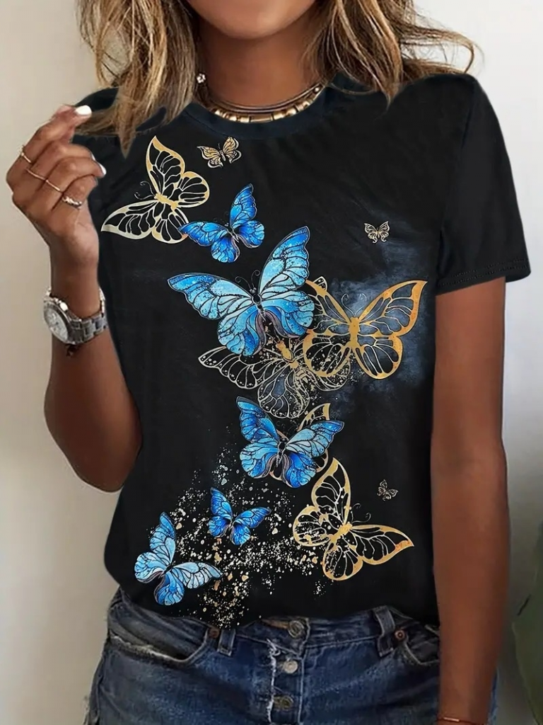 Kadın Kısa Kollu Mavi Sarı Kelebek Baskı Süprem Bluz, 23799 - Image 3