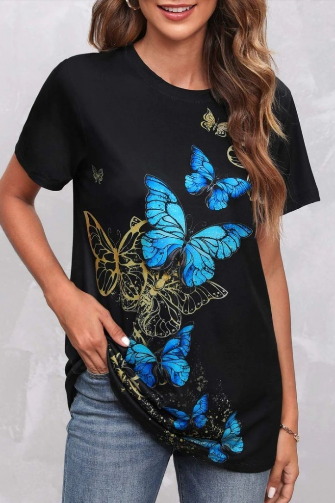 Kadın Kısa Kollu Mavi Sarı Kelebek Baskı Süprem Bluz, 23799 - Image 5
