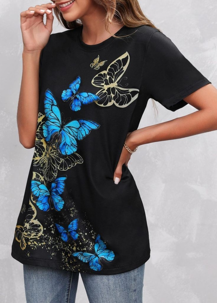 Kadın Kısa Kollu Mavi Sarı Kelebek Baskı Süprem Bluz, 23799 - Image 6
