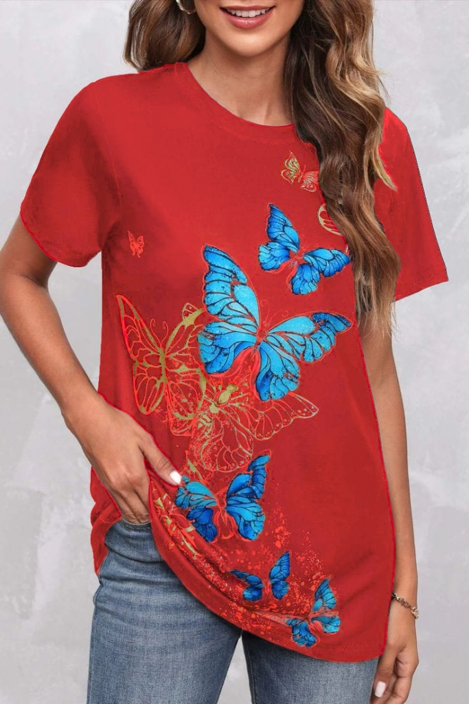 Kadın Kısa Kollu Mavi Sarı Kelebek Baskı Süprem Bluz, 23800 - Image 6