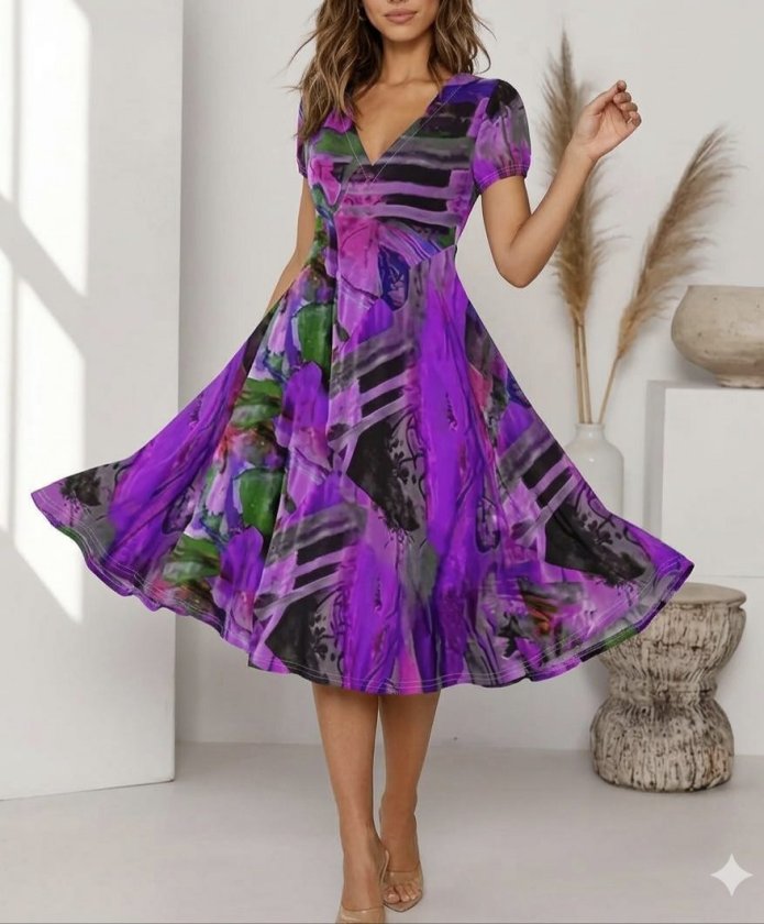 Kadın Kısa Kollu V Yaka Renkli Karışık Desen Kloş Süprem Midi Elbise, 15605