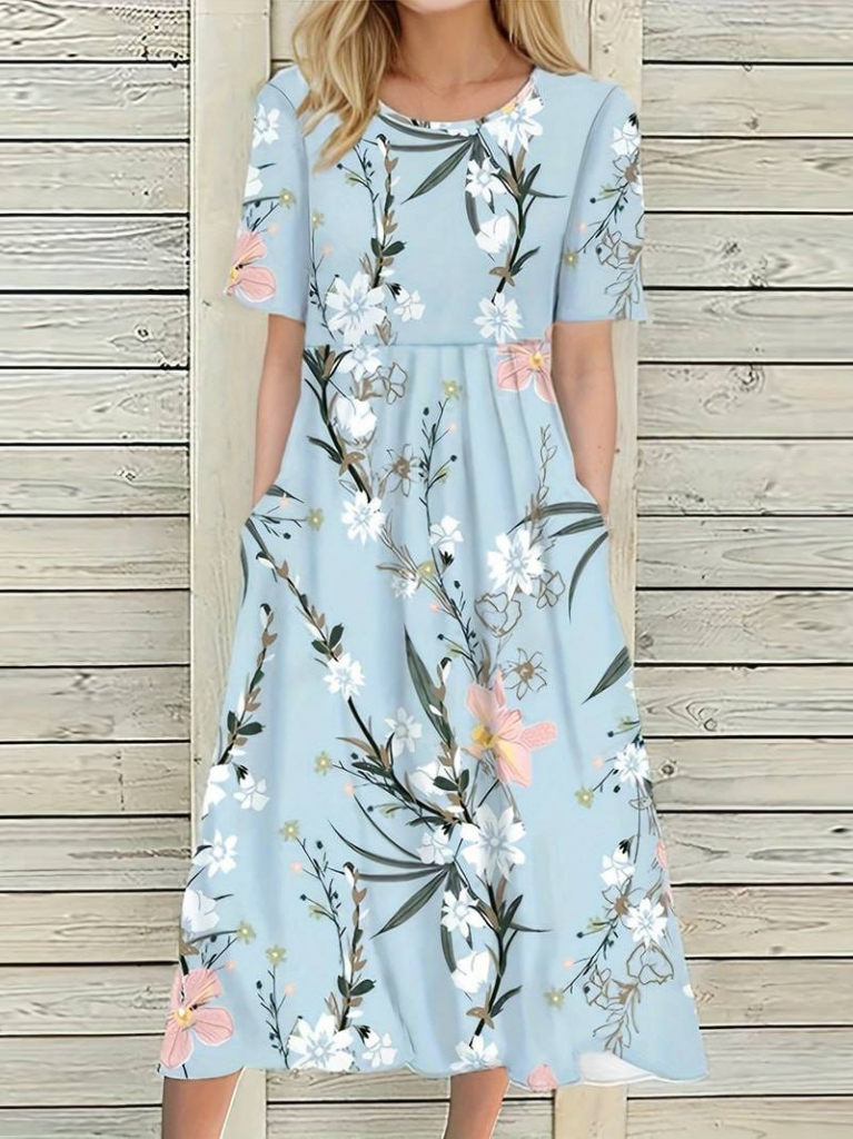 Kadın Kısa Kollu çiçek Baskı Midi Boy Süprem Elbise, 15611