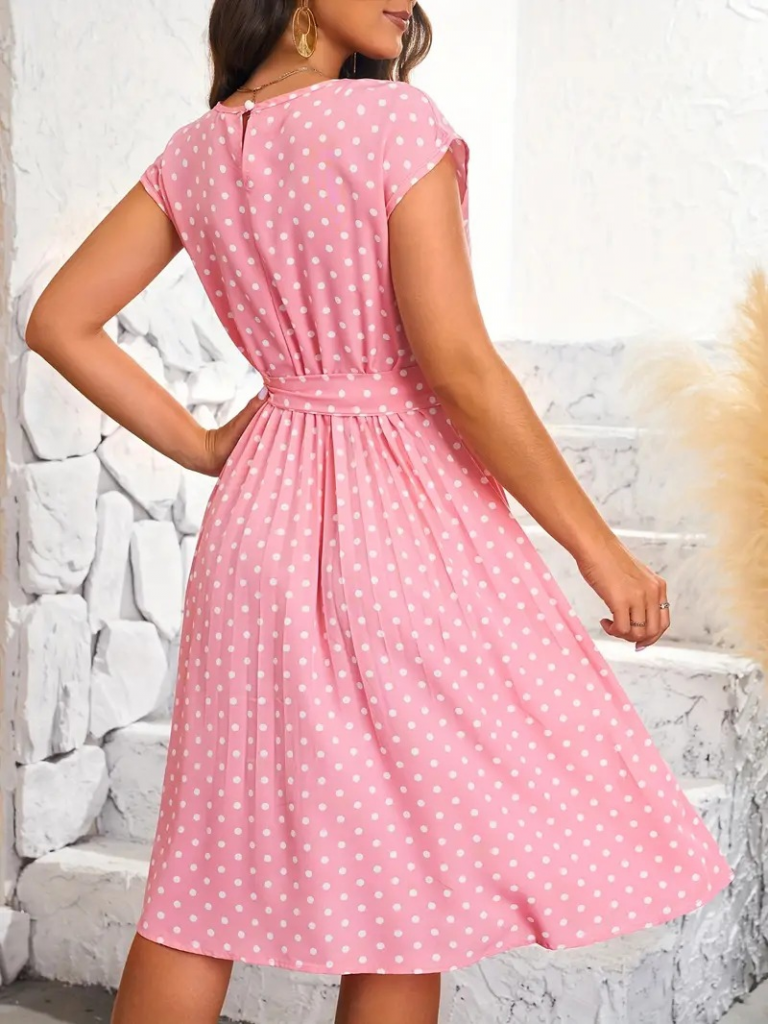 Kadın Kolsuz Beli Kuşaklı Puantiyeli Sandy Elbise, 15710 - Image 4