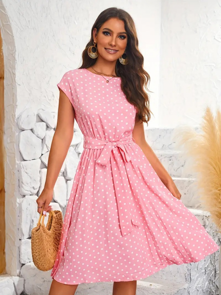 Kadın Kolsuz Beli Kuşaklı Puantiyeli Sandy Elbise, 15710 - Image 5