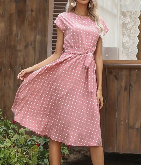Kadın Kolsuz Beli Kuşaklı Puantiyeli Sandy Elbise, 15710 - Image 7