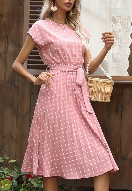 Kadın Kolsuz Beli Kuşaklı Puantiyeli Sandy Elbise, 15710 - Image 8