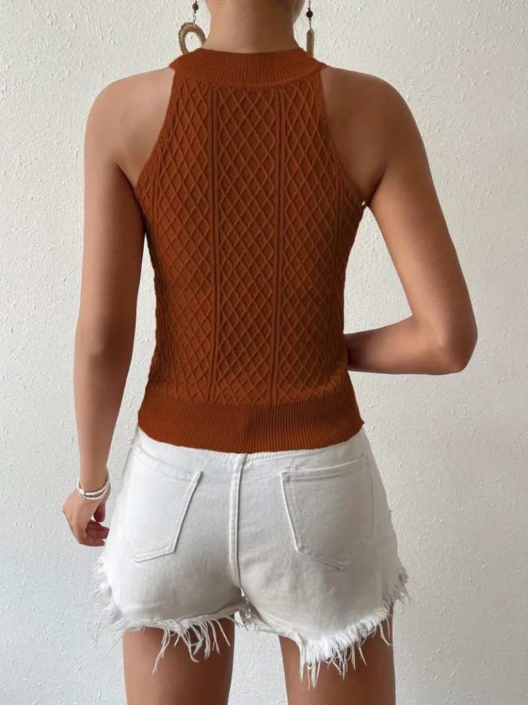 Kadın Kolsuz Halter Yaka Mini Baklava Desenli Triko Bluz, 24553 - Image 6