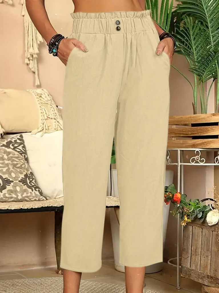 Kadın Bel Büzgü Ve Düğme Detay Kapri Keten Pantolon , 24633 - Image 2