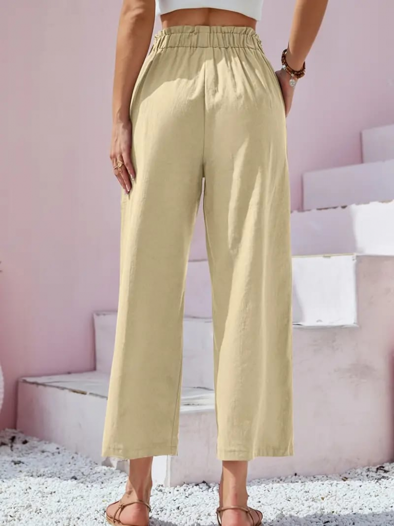 Kadın Bel Büzgü Ve Düğme Detay Kapri Keten Pantolon , 24633 - Image 3