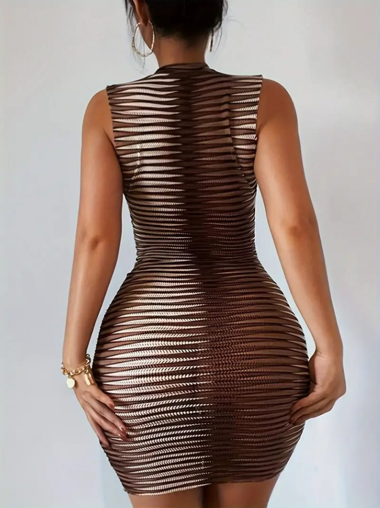 Kadın Sıfır Kol Desenli Mini Bodycon Dalgıç Elbise, 16343 - Image 5